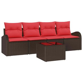 vidaXL Conjunto De Sof&aacute; De Jard&iacute;n 5 Pcs Beige Y Rojo Rat&aacute;n Sint&eacute;tico Vidaxl