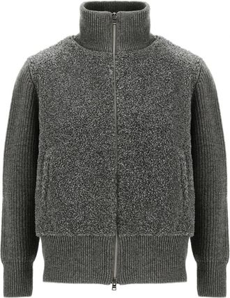 Herno Resort Boucl&eacute;-Panel Ribbed-Knit Cardigan - Dames - Vesten - Grijs - L - Wol - Truien & Vesten