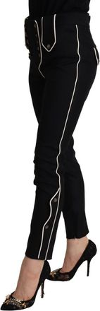 Dolce & Gabbana Womens Black Mid Waist Button Embellished Slim Fit Pants Wool Elastane