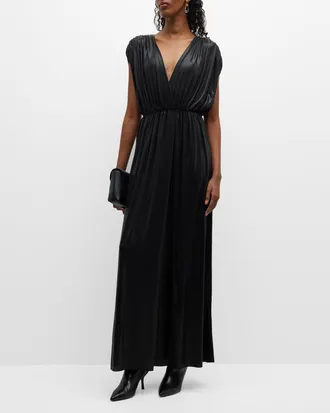 Norma Kamali Athena Deep V Lame Slit Gown