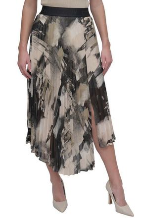 DKNY Print Pleated Asymmetric Midi Skirt in Grey at Nordstrom, Size Large