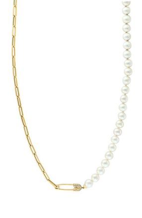 Effy 14K Yellow Gold Diamond Fresh Water Pearl Paperclip Link Necklace in 14K Gold at Nordstrom, Size 18