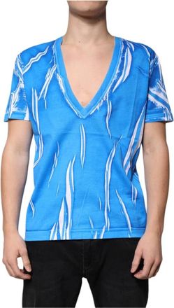 Dolce & Gabbana Blauw Patroon V-hals T-shirt - Heren - T-shirts - Blauw - L - Katoen - Tops
