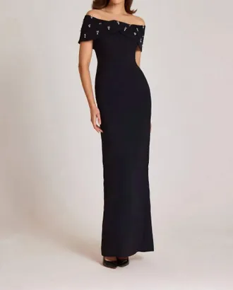 Teri Jon Crepe Off The Shoulder Jewel Trim Portrait Column Gown In Black