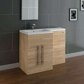 NRG L Shape Bathroom Furniture Cabinet Combination Vanity Unit Basin Left Hand Oak