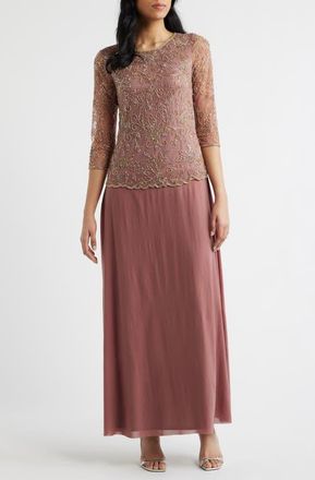 Pisarro Nights Beaded Bodice Satin Gown in Rose at Nordstrom, Size 20