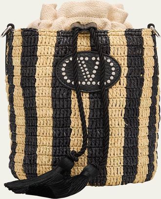 Valentino Garavani Small Striped Viscose Raffia Bucket Bag