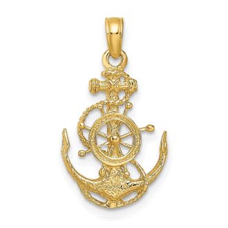 Diamond2Deal 14k Yellow Gold Small Anchor with Rope and Ships Wheel Pendant