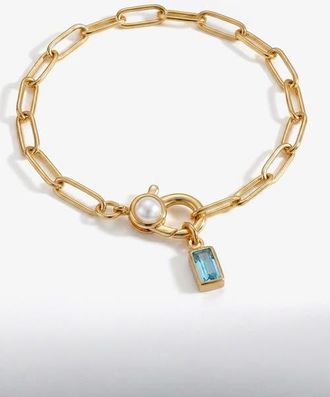 Mint & Lily Paperclip Bracelet with Pearl Accent with Dainty Baguette Birthstone Charm in March Aquamarine at Nordstrom, Size 8