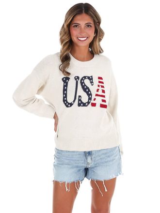 Le Lis Blanc Deux Born Free Usa Long Sleeve Sweater In Ivory