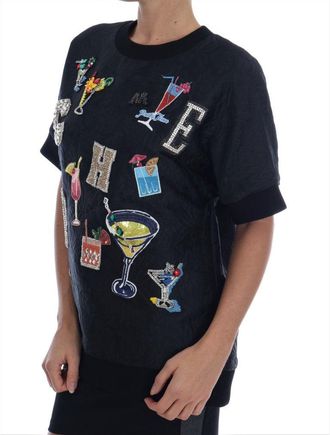 Dolce & Gabbana Womens Black Brocade Cocktail Crystal Sweater Cotton Clothing