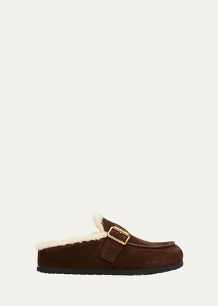 Prada Shearling-Lined Suede Buckle Clogs
