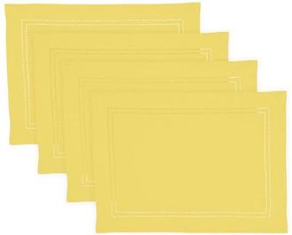 Solino Home Linen Placemats Set of 4, 14 x 19 Inch for Dining Table, Holiday and Everyday Table Decor - Linen Double Hemstitch in Sunshine Yellow at