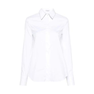 Brunello Cucinelli Overhemden, Dames, Wit, L, Katoen, Witte Katoenen Poplin Shirt met Monili Ketting