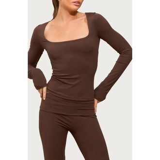 Edikted Hayden Square Neck Long Sleeve Crop Top in Brown at Nordstrom, Size X-Small