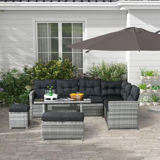 OUTSUNNY 5 Pieces Rattan Garden Furniture Set with Sofa, Table, Cushions, Stools, Grey