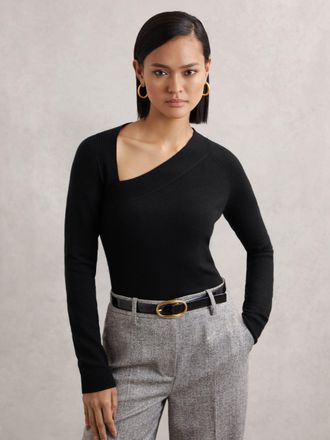 Reiss Black Wool-blend Asymmetric Knit Top, XS