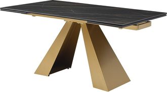 Vente-Unique Mesa de comedor extensible 6 a 10 personas de cristal templado, cer&aacute;mica y metal - Efecto m&aacute;rmol negro y dorado - LOZIPA de Maison C&eacute;phy