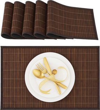 Relaxdays 18 Salvamanteles Para La Mesa Del Comedor, Bamb&uacute;, 30 X 45 Cm, Conjunto De 6 Piezas, Lavable, Marr&oacute;n