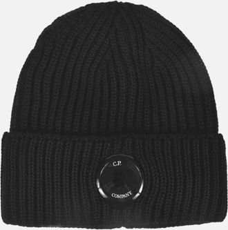 C.P. Company Mens Lens Merino Wool Ribbed Black Beanie Hat - Size: ONE size