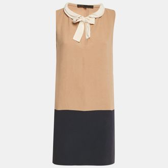 Maje Beige/navy Blue Crepe Neck-Tie Mini Dress
