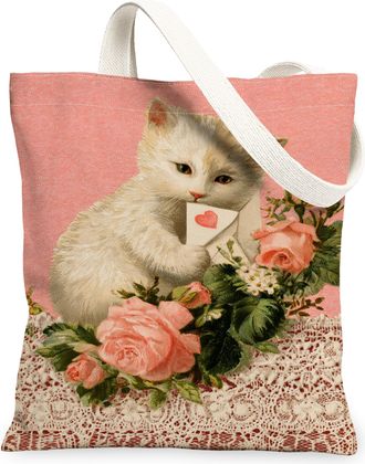 Generic Cute Cat Floral Canvas Tote Bags, Romantic Animal Design Reusable Grocery Bags, Spring Lightweight Washable Shoulder Strap, Peach, 13x15 Inch