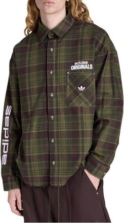 adidas Duck Graphic Distressed Plaid Cotton Flannel Button-Up Shirt in Focus Olive at Nordstrom, Size X-Large