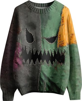 Generic Mens Pumpkin Face Patchwork Stitched Knit Sweater 2025 Spooky Halloween Costumes Sweatshirt Holiday Pullover Tops(Green, XXXXL)