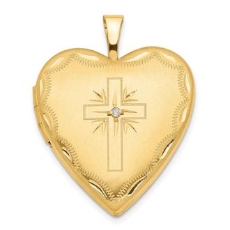 Diamond2Deal 14k Yellow Gold Diamond Satin and Diamond-cut Cross 20mm Heart Locket