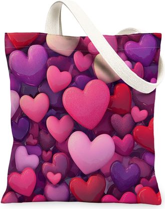 Generic Romantic Hearts Canvas Tote Bags, Chic Heart Pattern Reusable Grocery Bags, Lightweight Washable Shoulder Strap Canvas for Travel Beach Picnic 13x15 I