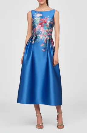 Kay Unger Dina Placed Floral Mikado Cocktail Dress in Oxford Blue at Nordstrom, Size 16
