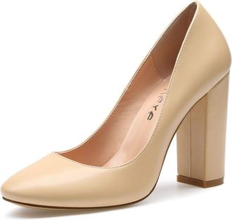 Castamere High Heels Womens Block Heels Round Toe Slip-on Court Shoes 4IN Heeled PU Nude Pumps UK 3.5/4