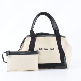 Balenciaga Beige Black Canvas Leather Handbag Pouch Tote Bag (Pre-Owned)