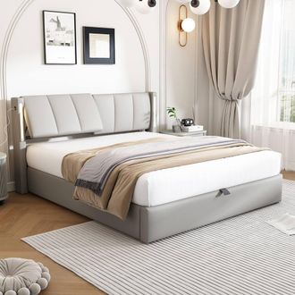 Matteo Grey Upholstered Double Bed with Hydraulic Storage, USB & LED Lighting