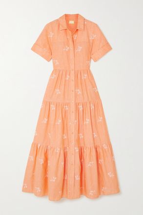 Erdem Abito Chemisier Maxi Oversize A Balze In Garza Di Misto Cotone Ricamato Helena - Arancione