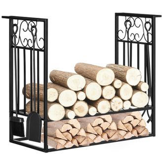 HOMCOM Estante Para Le&ntilde;a De Chimenea 75x30x60 Cm Soporte Para Le&ntilde;a Tradicional Portale&ntilde;a De Dise&ntilde;o Vintage Con 4 Herramientas Base Elevada Carga M&aacute;x. 100 Kg