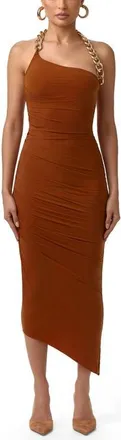 Naked Wardrobe Chain Detail Asymmetric Body-Con Halter Dress in Caramel at Nordstrom, Size X-Small