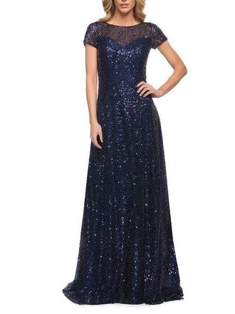 La Femme Stunning Beaded Gown with Short Sleeves in Navy at Nordstrom, Size 18