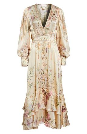 Camilla Beaded Print Long Sleeve Silk Dress in Adorned In Aranjuez at Nordstrom, Size X-Small