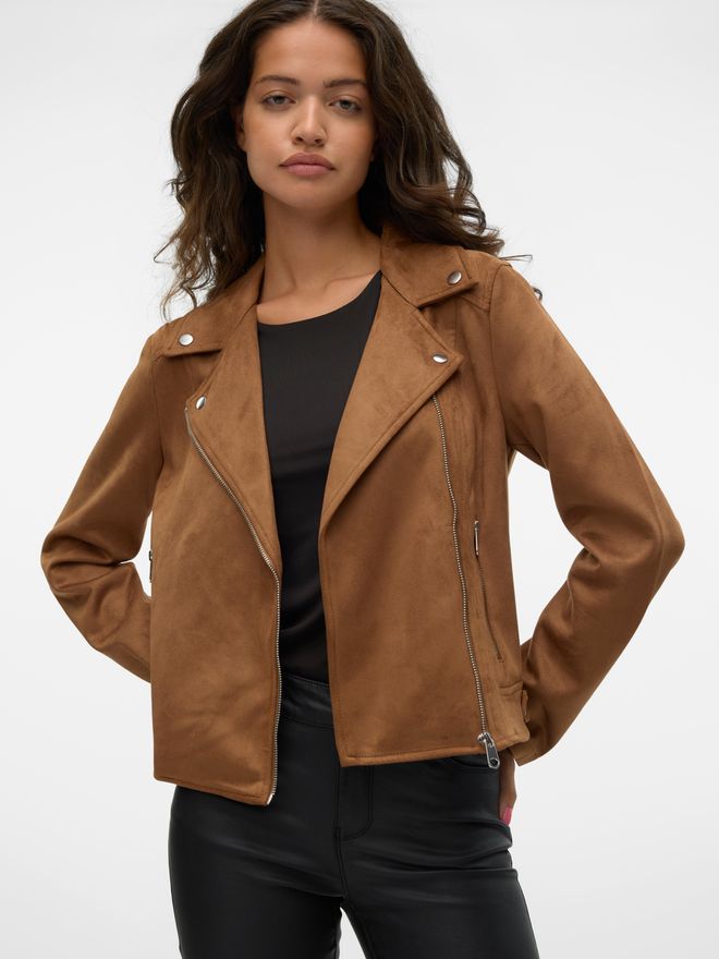 Bikerjacke VERO MODA VMJOSE SHORT FAUX SUEDE JACKET GA NOOS, Damen, Gr. XS, braun (cognac), Web, Obermaterial: 90% Polyester, 10% Elasthan, unifarben,