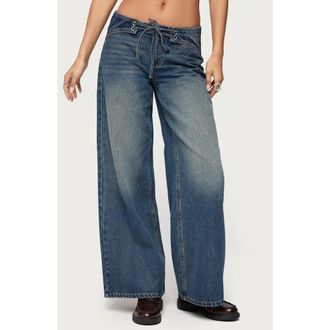 Edikted Niah Lace-Up Low Rise Baggy Jeans in Dark-Blue at Nordstrom, Size X-Small