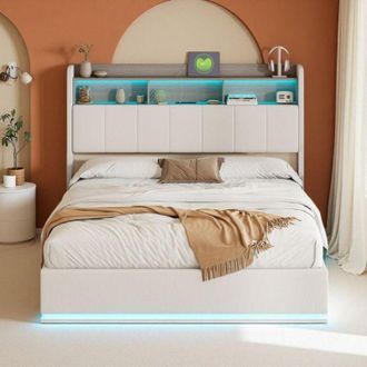 OEM Cama Doble 140x200 - Led Rgb - Recarga Usb/type-c - Cabecera De Terciopelo Blanco - Almacenamiento Inteligente