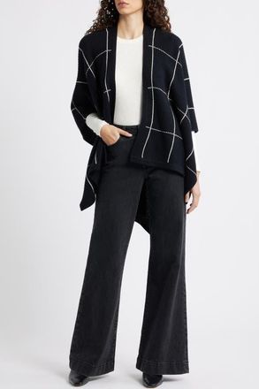 Nordstrom Windowpane Ribbed Wool & Cashmere Poncho in Black Windowpane at Nordstrom
