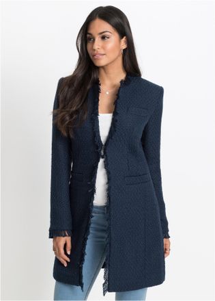 Bonprix Longblazer BONPRIX, Damen, Gr. 34, dunkelblau, Obermaterial: 100% Polyester. Futter: 100% Polyester, regular fit, Blazer Longblazer, eleganter Boucl&eacute;-