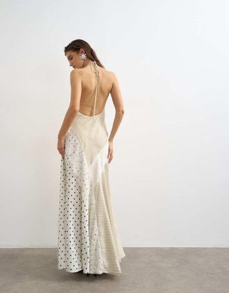 Topshop Vestito lungo allacciato al collo con inserti a contrasto in pizzo, a righe e a pois-Neutro
