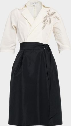 Teri Jon Crystal-Embellished Bicolor Shirtdress