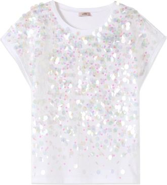 Oltre T-shirt met paillettenborduursel - Dames - T-shirts - Wit - L - Pailletten - Tops