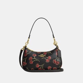 Coach Womens Teri Shoulder Bag With Cherry Print - Black Leather - One Size