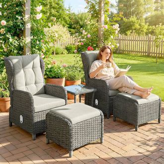 OUTSUNNY Recliner Rattan Garden Furniture w/ Two-tier Table in Cream