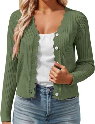 Generic Womens Cardigans Knit Long Sleeve V Neck Short Ribbed Button Down Cardigan Lightweight Elegant Casual Solid Color Loose Cardigan Knitwear Outerwear Wo